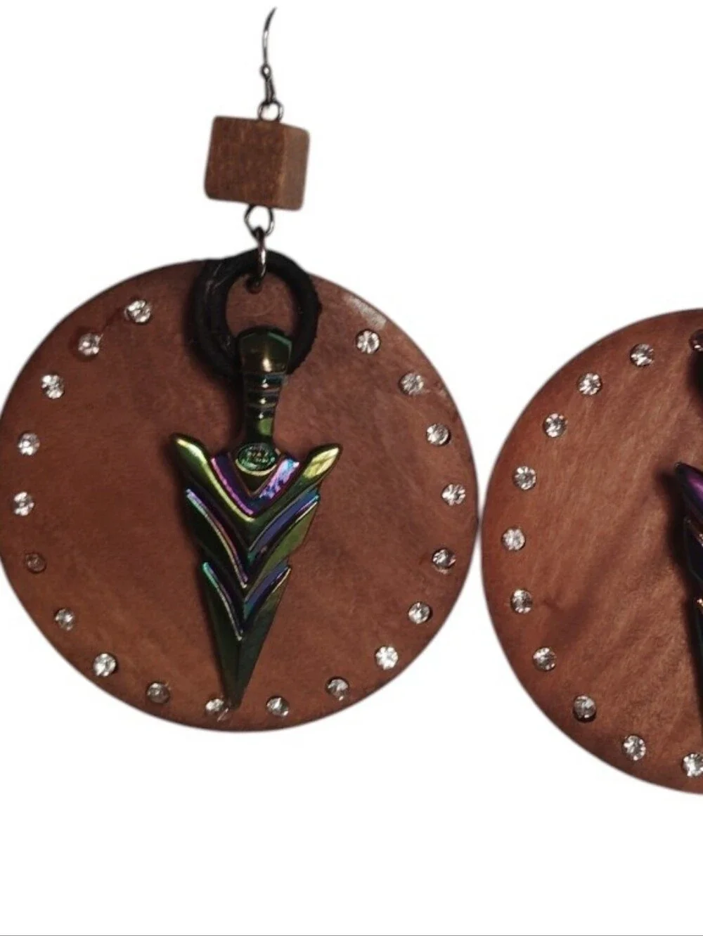 New Handmade Iridescent Arrow Drop Pierced Earrings On Wood Discs Lightweight
